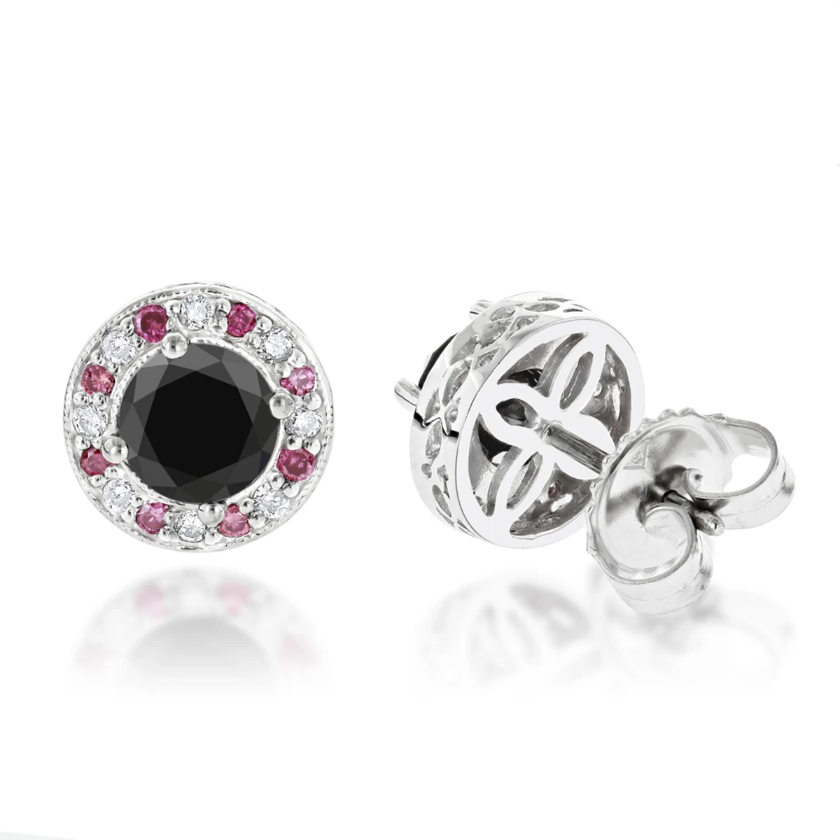 White Pink And Black Diamond Stud Earrings 2.2ct 14K White Gold 1 White Pink And Black Diamond Stud Earrings 2.2ct 14K White Gold