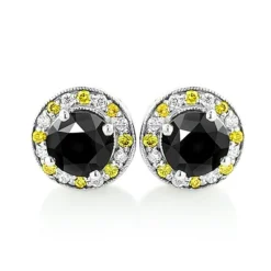 White Yellow And Black Diamond Stud Earrings 2.20ct 14K White Gold
